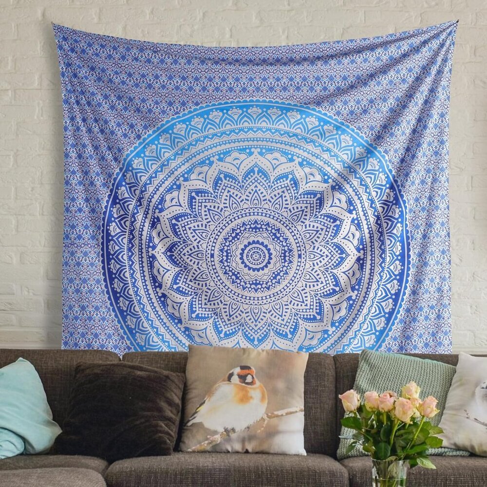 Aqua Blue Cotton Tapestry Mandala Wall Hanging – Tapestry for Bedroom – Boho Roo - Picture 2 of 6